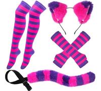 ZKFSIE Cheshire Cat Costume, Cat Ears, Furry Tail, Striped Socks, Gloves, Suitable for Girls, Women, Halloween, Carnivals, Themed Party, Cosplay