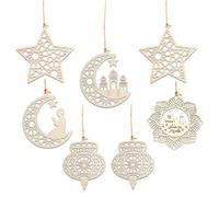 ZKFSIE Eid Mubarak Decorations - 7 Pcs Wooden Hanging Ornaments for Ramadan, Home, Mosque & Garden - Ideal for Islamic Festive Season