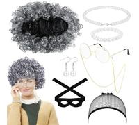 ZKFSIE Gangster Granny Costume Set, Granny Wig, Wig Cap, Glasses, Glasses Chain, Burglar Mask, Faux Pearl Necklace, Bracelet, Earrings - Grey, Unisex-Adults, Halloween, Carnival