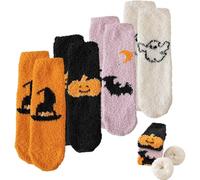 ZKFSIE Halloween Fluffy Socks, 4 Pair Ghost Cartoon Socks for Women, Cozy Winter Festival Party Accessories, Cute Halloween Gifts
