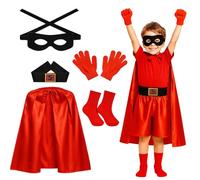 ZKFSIE Kids Superhero Costume 5 Piece Set - Red Cape, Eye Mask, Belt, Gloves & Socks - Fancy Dress for Kids & Toddlers - Super Hero Costume for Book Week, Parties & Halloween