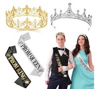 ZKFSIE Prom King And Queen Crown & Sash Set - King Crown Elegant Crystal Tiaras & Satin Sashes For Weddings, Prom Accessories, Graduations, Parties, And Costume Events
