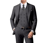 ZKHOECR Men's Suits Herringbone Tweed Suits for Men Retro 3 Piece Peak Lapel Blazer Wedding Prom Suit Jacket Vest Pants Set, Dark Grey, L