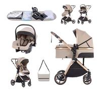 Zkipm Baby Pram 3 in 1 with Seat, Foldable Baby Stroller, Pram Set Travel with Adjustable-Height Push Handle, Present Rain Cover, Mosquito Net, Bag, Cooling Mat, Wristband for Ages 0-3