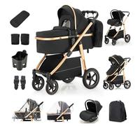 Zkiprm 3-in-1 Baby Stroller Travel System, Pram and Car Seat Combo, Update Pushchair with Double-Strap Bag and Height-Adjustable Handle, Solid Aluminum Frame for Newborns 0-4 Years Black