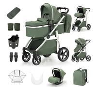 Zkiprm 3-in-1 Baby Stroller Travel System, Pram and Car Seat Combo, Update Pushchair with Double-Strap Bag and Height-Adjustable Handle, Solid Aluminum Frame for Newborns 0-4 Years Green
