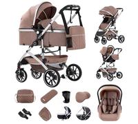 Zkiprm 3-in-1 Combination Pram Travel Systems with Baby Seat, up to 22 kg, Foldable Buggy, Aluminium Frame, Mosquito Net/Rain Cover, Mum Bag Included, 0-4 Years Khaki