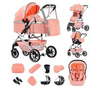 Zkiprm 3-in-1 Combination Pram Travel Systems with Baby Seat, up to 22 kg, Foldable Buggy, Aluminium Frame, Mosquito Net/Rain Cover, Mum Bag Included, 0-4 Years, Pink