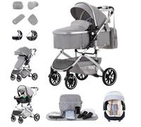 Zkiprm 3-in-1 Combination Pram Travel Systems with Seat, up to 22 kg, Foldable Buggy, Aluminium Frame, Mosquito Net/Rain Cover, Mum Bag Included, 0-4 Years, Light Grey