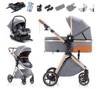 Zkiprm 3 in 1 Pram, Baby Travel Systems with Car Seat & Isofix Base, Lightweight Foldable Pushchair, Height Adjustable Handle | Rain Cover | Footmuff | Cooling mat | Cup Holder ect, for 0-3 Years