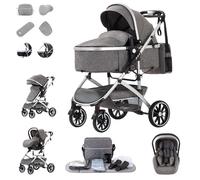 Zkiprm 3 in 1 Pram, Travel systerm with Car Seat, Portable One-Click Folding Walking Stick Stroller, Pram Set Travel with Adjustable-Height Push Handle, for Ages 0-4，Grey