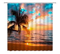ZKJSMGS Ocean Beach Shower Curtain Plam Tree Sunset Sea Wave Tropical Summer Seaside Landscape Coastal Hawaiian Island Scenic Fabric Bathroom Sets with Hooks,Orange Blue