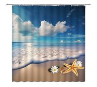 ZKJSMGS Ocean Landscape Shower Curtain Beach Sea Wave Blue Sky Starfish Shell Floral Coastal Scenery Tropical Summer White Brown Bathroom Home Curtain Decor with Hooks,70" Wx70 H