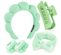 Zkptops 5Pcs Spa Headband for Washing Face Wristband Set Sponge Makeup Skincare Terry Cloth Bubble Soft Hairband Hair Claw Clips for Thick Hair Puffy Padded Headwear Non Slip Hair Accessory (Green)
