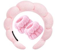 Zkptops Spa Headband for Washing Face Wristband Sponge Makeup Skincare Headband Terry Cloth Bubble Soft Get Ready Hairband for Women Girl Puffy Padded Headwear Non Slip Thick Hair Accessory(Pink)