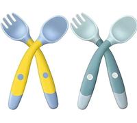 ZKSXOA Baby Cutlery Set, 2 Sets of 2 Pcs (Blue and Yellow), Silicone, 360° Bendable Weaning Spoons and Forks, Self-Feeding for Infant Toddler Children
