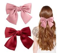 ZKSXOA Bow Hair Clip, 2Pcs Hair Bows for Women Big Bowknot Hairpin French Hair Clips with Ribbon Solid Color Hair Barrette Clips Soft Satin Silky Hair Bows for Women Girls,burgundy,pink