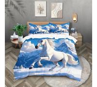 ZKTCYC Duvet Cover King Size White Horse Snow Mountain Kingsize Duvet Cover Sets for Kids Boys Girls Aldult Blue Bedding Made of Microfiber with Pillowcase 48x74 cm