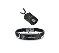 ZKXXJ Medical Alert ID Necklaces and Bracelets Set for Men Women Stainless Steel Medic Identification Pendant Necklace & Leather Cuff Bracelet Allergy Awareness Jewelry,Customizable, 8.3 inches,