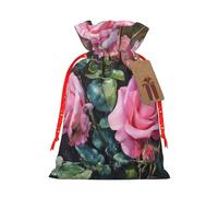 zkyfll Pink Fresh Roses print Christmas Drawstring Gift Bags Xmas Holiday Party Favor Candy Treats Presents