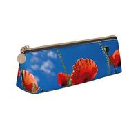 zkyfll Poppies on Blue Sky print personalized Pencil Case Leather Pencil Pouch Stationery Organizer Makeup Bag