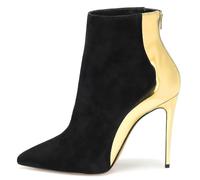 ZKYllE Women's Thin High Heel Short Boots Black Gold Suede Patent Leather Colour Blocking Back Zip Ankle Boots,Color block,40