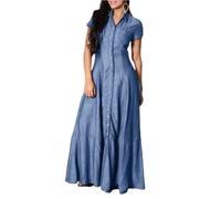 ZKYUCH Fashion New Long Shirt Neck Pocket Large Swing Casual Elegant Temperament Single Breasted Denim Dress,Color3,M