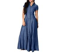 ZKYUCH Fashion New Long Shirt Neck Pocket Large Swing Casual Elegant Temperament Single Breasted Denim Dress,Color1,XXL