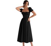 ZKYUCH Puff Short Sleeve Corset Midi Dress Square Neck Bustier A-Line Summer Party Sundress With Side Slit,Color2,XL