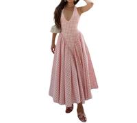 ZKYUCH Women Plaid Patchwork Backless Lace-up Zipper Vestidos Sexy V-neck Bow Tie Sleeveless Halter Dresses Female Vacation Long Robe,Color1,L