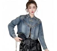 ZKYUCH Women's Cropped Denim Biker Jacket - Rhinestone Embellished Vintage Washed Coat With Zipper Pockets,Color1,L 50-57.5KG