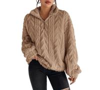 ZKYUCH Women's Double Sided Plush Zip Pullover Cable Knit Sweatshirt Stand Collar Lantern Sleeve Loose Casual Warm Top