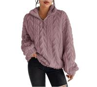 ZKYUCH Women's Double Sided Plush Zip Pullover Cable Knit Sweatshirt Stand Collar Lantern Sleeve Loose Casual Warm Top