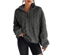 ZKYUCH Women's Double Sided Plush Zip Pullover Cable Knit Sweatshirt Stand Collar Lantern Sleeve Loose Casual Warm Top