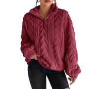 ZKYUCH Women's Double Sided Plush Zip Pullover Cable Knit Sweatshirt Stand Collar Lantern Sleeve Loose Casual Warm Top