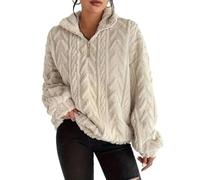 ZKYUCH Women's Double Sided Plush Zip Pullover Cable Knit Sweatshirt Stand Collar Lantern Sleeve Loose Casual Warm Top