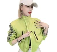 ZKYUCH Women's Neon Green Cropped Track Jacket - Striped Ruched Sleeve Stand Collar Zip Up Utility Jacket Streetwear,Color1,L 52-58KG