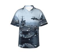 Zkzbdplk Aircraft Carrier Hawaiian Shirt - Full-Print Short Sleeve Button-Up Shirt for Men and Teens, Perfect for Beach & Tropical Getaways Black