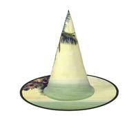 ZKZBDPLK Halloween Pointy Hat Palm Tree Rocky Shore Print Halloween Decorative Hat