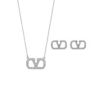 ZKZFCAI Jewellery Set for Women Bubble Letter V Pendant Necklace and Stud Earrings Set,V Shape Crystal Zirconia Jewellery Sets for Women Her Wife and Girlfriend (Silver)