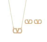 ZKZFCAI Jewellery Set for Women Bubble Letter V Pendant Necklace and Stud Earrings Set,V Shape Crystal Zirconia Jewellery Sets for Women Her Wife and Girlfriend (Gold)