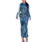 ZKZFCAI Long Sleeve Dress for Women Maxi Dresses Tie Dye Slim Fit Elegant Dresses Ladies Long Dresses Casual Dresses for Party Vacation Cocktail Work Wedding Blue