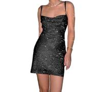 ZKZFCAI Women's Sexy Mini Bodycon Dress - Shiny Sequins Spaghetti Strap Glitter Sleeveless Backless Short Wrap Cami Clubwear - Black