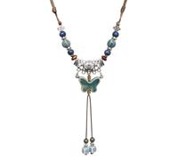 Zlanderah Blue Green Ceramic Butterfly Pendant Necklace Adjustable Cord Length Necklace Hippie Jewelry for Women