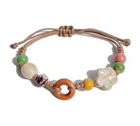 Zlanderah Bohemian Yellow Flower Ceramic Bead Bracelet with Wood Circle, Adjustable Hippie Strand Bracelet for Women, Handmade Ethnic Jewelry Gift for Her