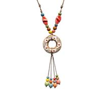 Zlanderah Boho Ceramic Flower Donut Pendant Necklace, Beads Adjustable Cord Jewelry, Ethnic Hippie Tassel Jewelry for Women, Adjustable, Ceramic, No Gemstone