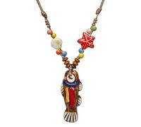 Zlanderah Boho Coastal Ceramic Fish Pendant Necklace, Adjustable Wood Beaded Strand Necklace for Women, Handmade Beach Jewelry Gifts for Her, Adjustable, Ceramic, No Gemstone