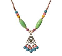 Zlanderah Boho Colorful Ceramic Beaded Necklace with Vintage Cutout Copper Pendant, Vibrant Green Hippie Necklace, Handmade Bohemian Jewelry for Women