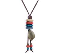 Zlanderah Boho Handmade Colorful Ceramic Beads Y Necklace, Hippie Strand Necklace with Bronze Leaf Pendant, Trendy Bohemian Gifts Women