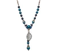 Zlanderah Boho Long Green Ceramic Beaded Necklace Leaf Pendant for Women | Vintage Turquoise Green Ethnic Statement Sweater Chain, Adjustable Braided Rope Bohemian Jewelry for Casual Outfit Gift
